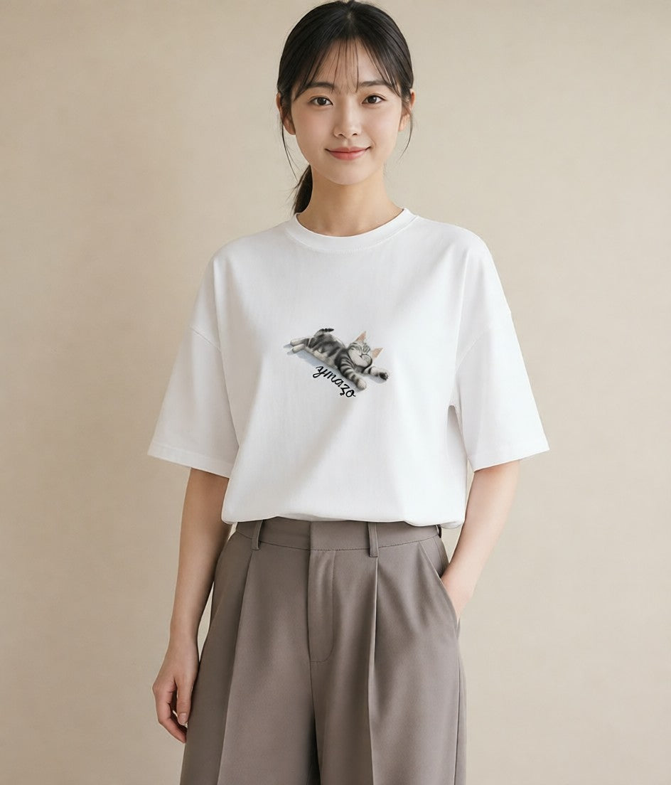 半袖Tシャツ レディース スコティッシュフォールド 猫 ねこ イラスト ガーリー 在宅 公園 白T YMAZO