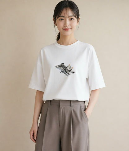 半袖Tシャツ レディース スコティッシュフォールド 猫 ねこ イラスト ガーリー 在宅 公園 白T YMAZO