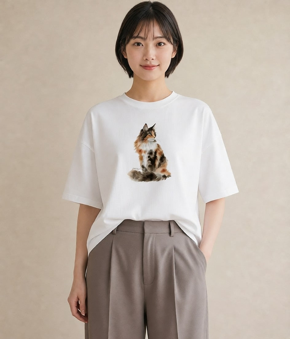 プリントTシャツ レディース サビ猫 猫 ねこ イラスト カフェコーデ 帰省 ラフ 白T YMAZO