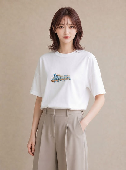 グラフィックTシャツ レディース 駅のホーム ローカル線 駅 ナチュラル アンティーク イラスト ラフ 公園 ママ 白T YMAZO