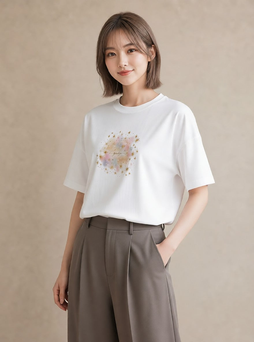 デザインTシャツ レディース 双子座 星空 宇宙 イラスト 普段使い デート 帰省 白T YMAZO