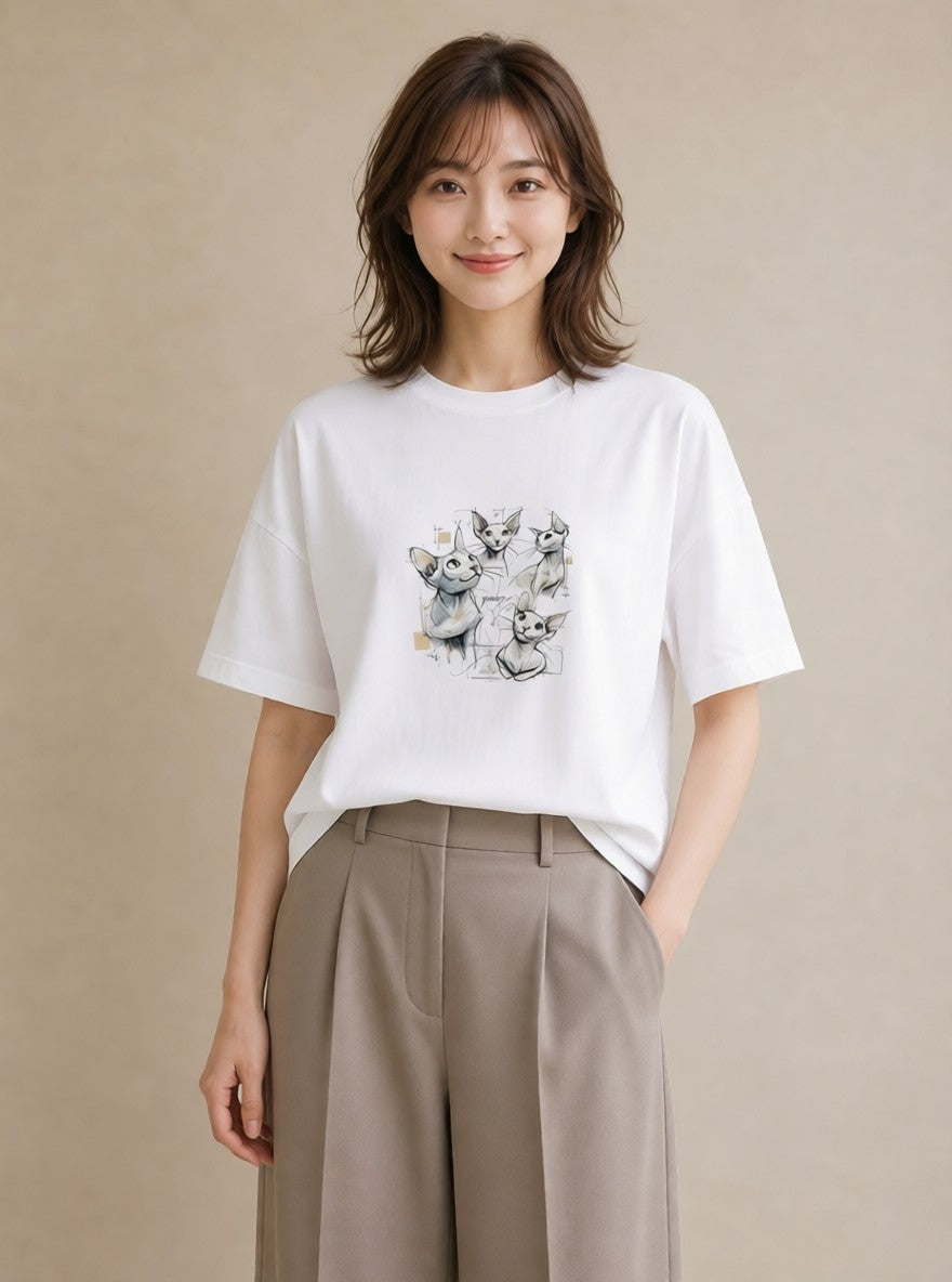 プリントTシャツ レディース シャム柄 猫 ねこ イラスト 線画 女性向けギフト 散歩 白T YMAZO