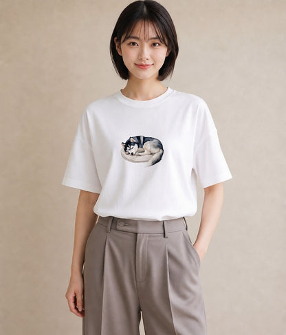 Tシャツ レディース シベリアンハスキー 犬 いぬ イラスト 抜け感 誕生日プレゼント 綿100 白T YMAZO