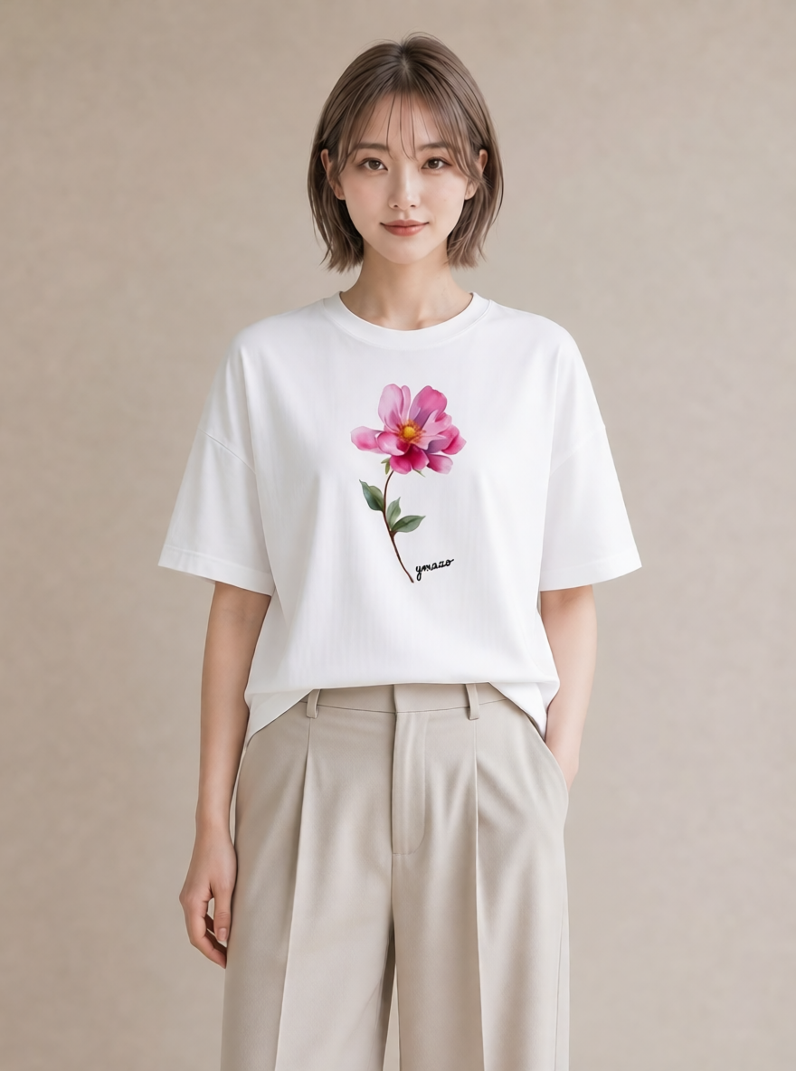 グラフィックTシャツ レディース 牡丹 花 花柄 イラスト ナチュラル 母娘コーデ 自分用 白T