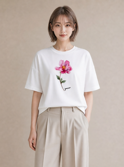 グラフィックTシャツ レディース 牡丹 花 花柄 イラスト ナチュラル 母娘コーデ 自分用 白T