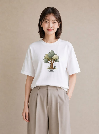 半袖Tシャツ レディース どんぐり 植物 ボタニカル イラスト 手描き風 友達ギフト 部屋着 白T YMAZO