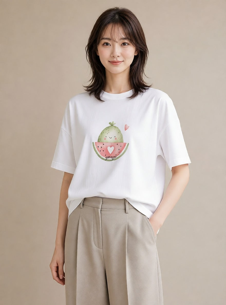 プリントTシャツ レディース すいか 食べ物 フード イラスト きれいめ 女性向けギフト 散歩 白T YMAZO