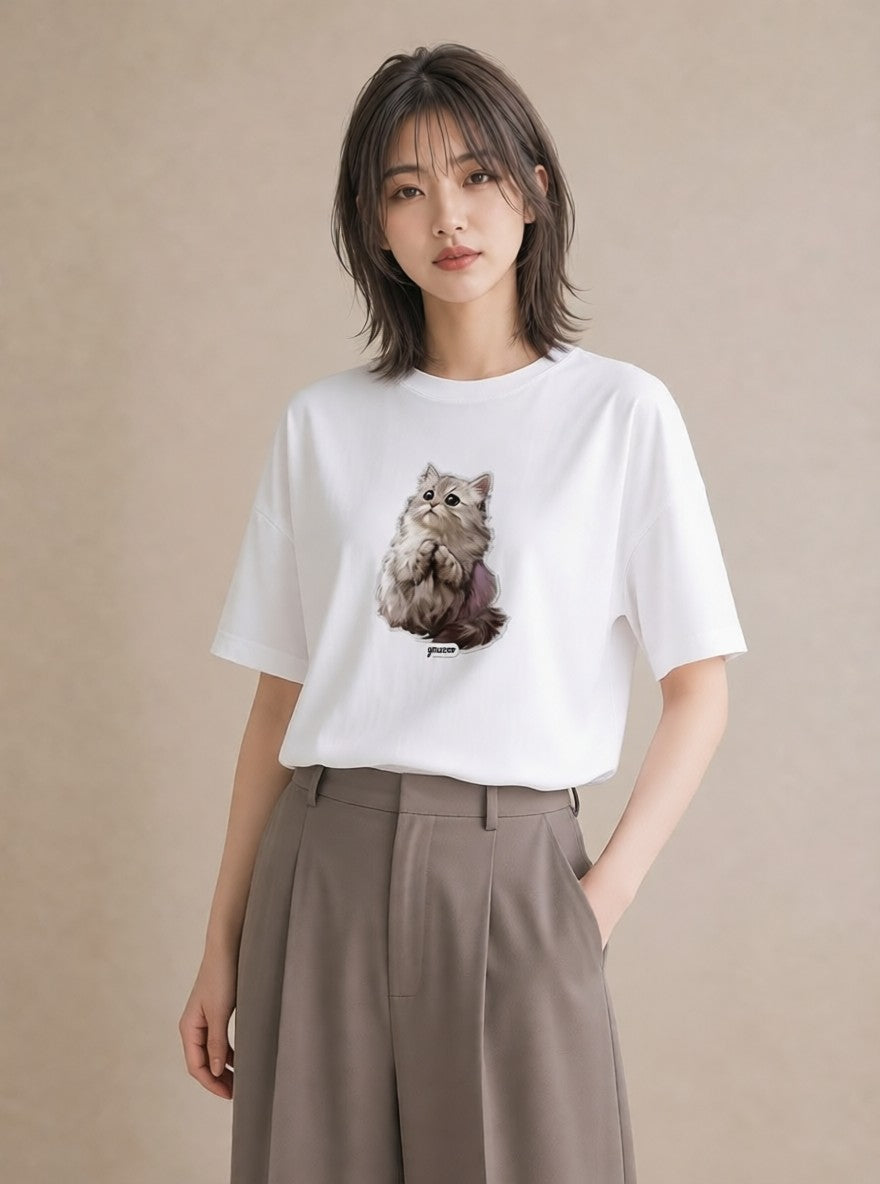 半袖Tシャツ レディース おすわり猫 猫 ねこ イラスト 手描き風 レイヤード 友達ギフト 白T YMAZO