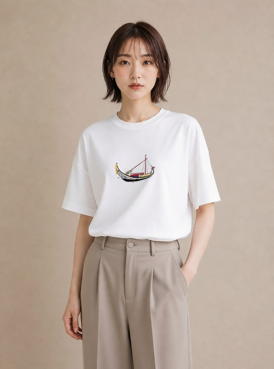 グラフィックTシャツ レディース 桟橋 水辺 波止場 ナチュラル アンティーク イラスト 買い物 夏コーデ 白T YMAZO