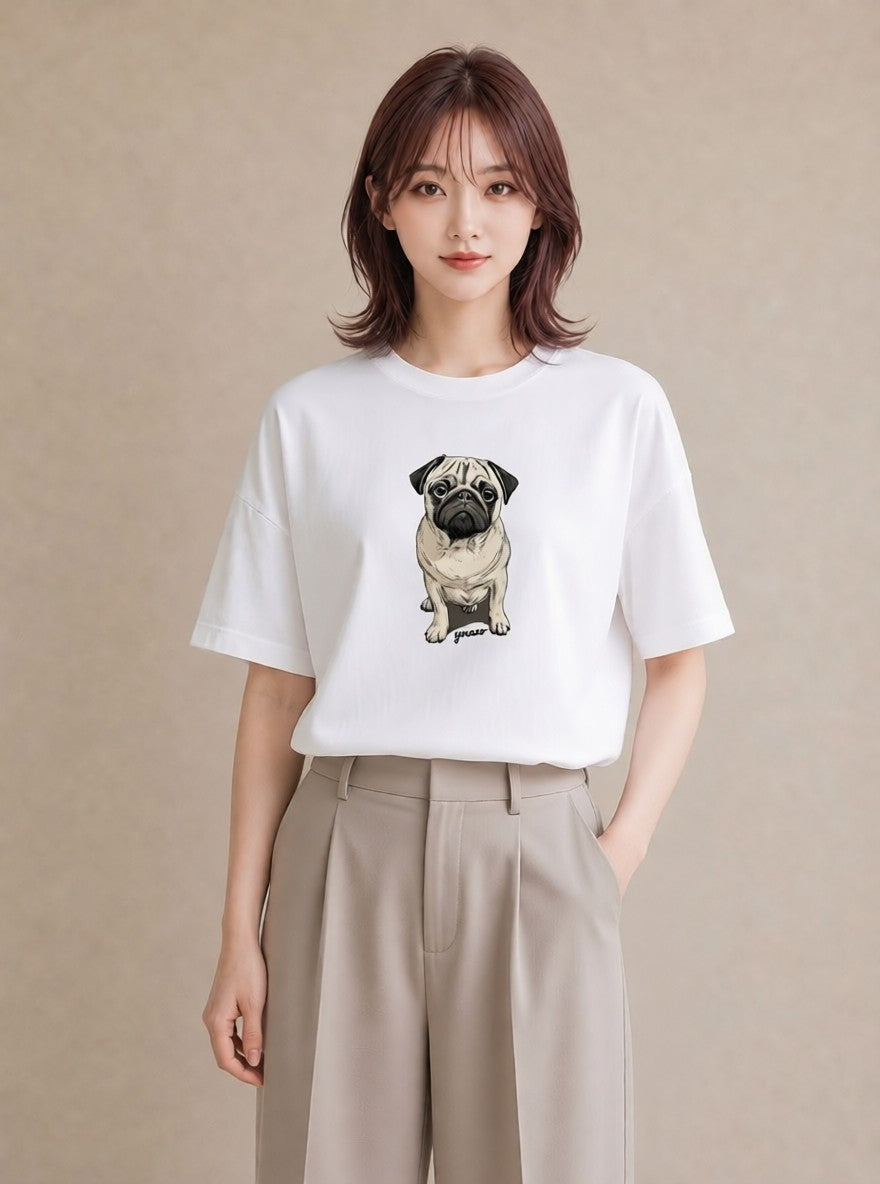 グラフィックTシャツ レディース パグ 犬 いぬ イラスト ゆるコーデ 姉妹 送別ギフト 白T YMAZO