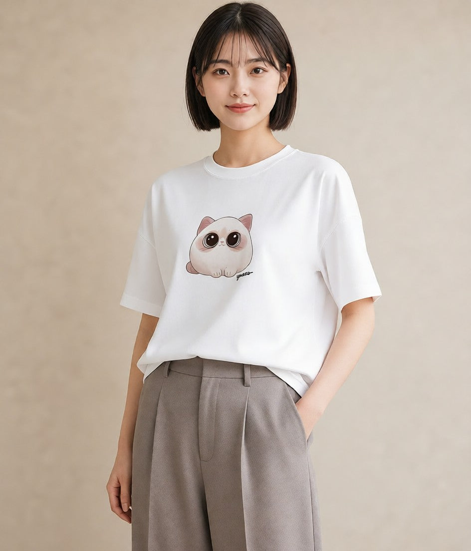 デザインTシャツ レディース ニャンコ 猫 ねこ イラスト ラフ 友達ギフト 部屋着 白T YMAZO