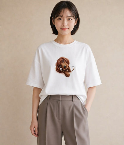 Tシャツ レディース わんこ 犬 いぬ イラスト 淡色 お出かけ 普段着 白T YMAZO