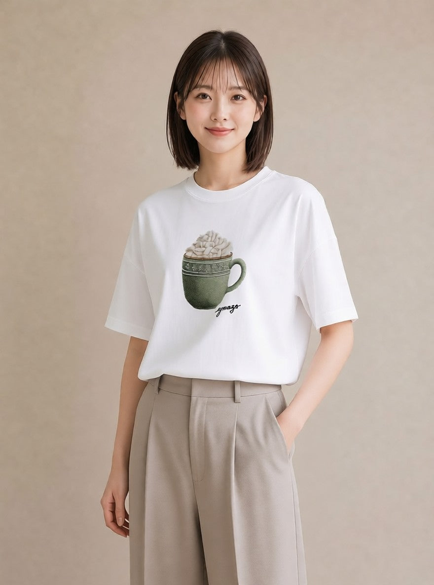 グラフィックTシャツ レディース ココア 食べ物 フード イラスト ミニマル 休日 ペアコーデ 白T YMAZO