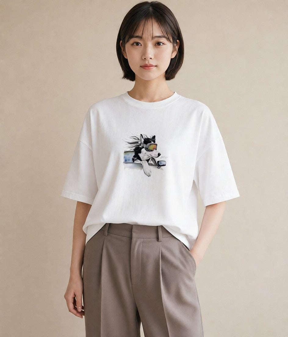デザインTシャツ レディース シベリアンハスキー 犬 いぬ イラスト 旅行コーデ 通学 誕生日プレゼント 白T YMAZO