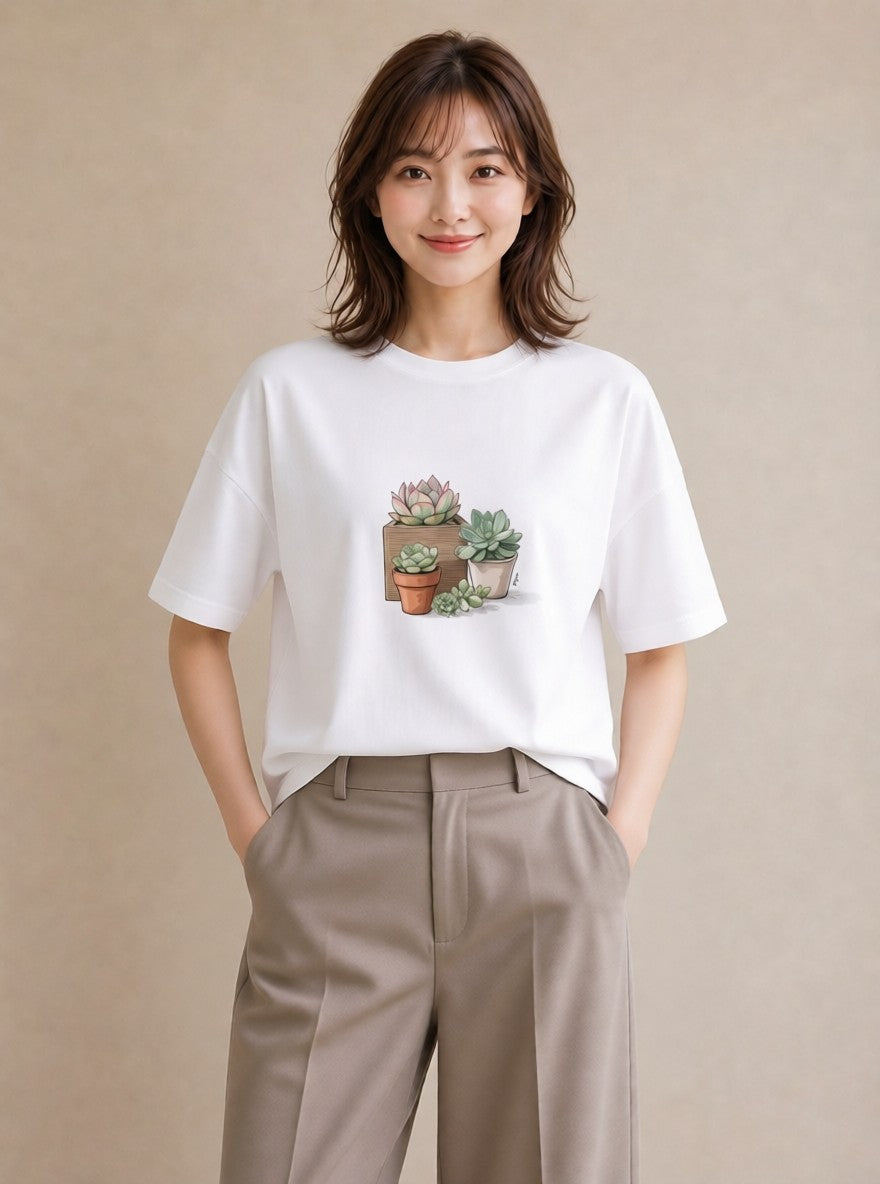 半袖Tシャツ レディース 多肉植物 植物 ボタニカル イラスト レトロ 夏コーデ 通学 白T YMAZO