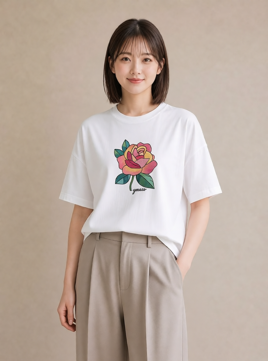 Tシャツ レディース バラ 薔薇 ローズ 花 花柄 イラスト ヴィンテージ風 レイヤード 友達ギフト 白T