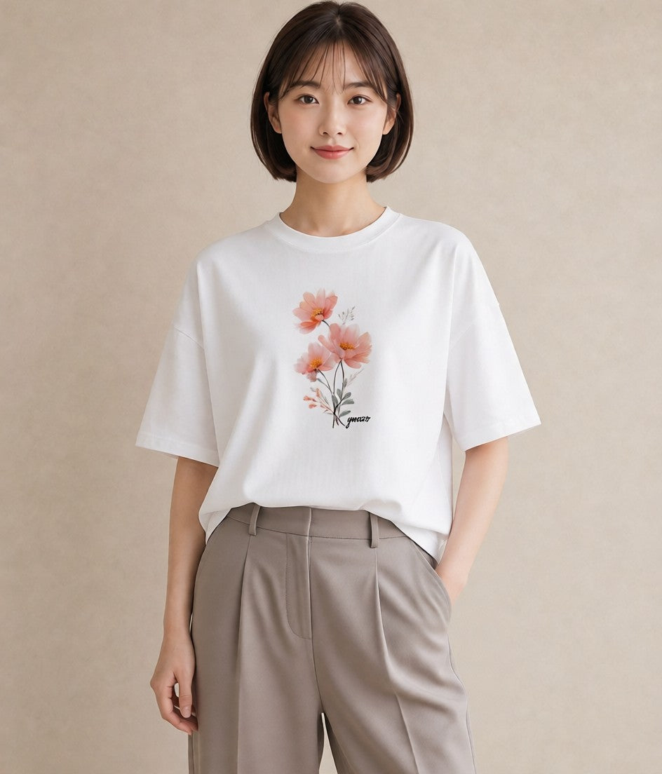 グラフィックTシャツ レディース ポスト 野の花 レトロ ナチュラル アンティーク イラスト こなれ感 通勤 在宅 白T YMAZO