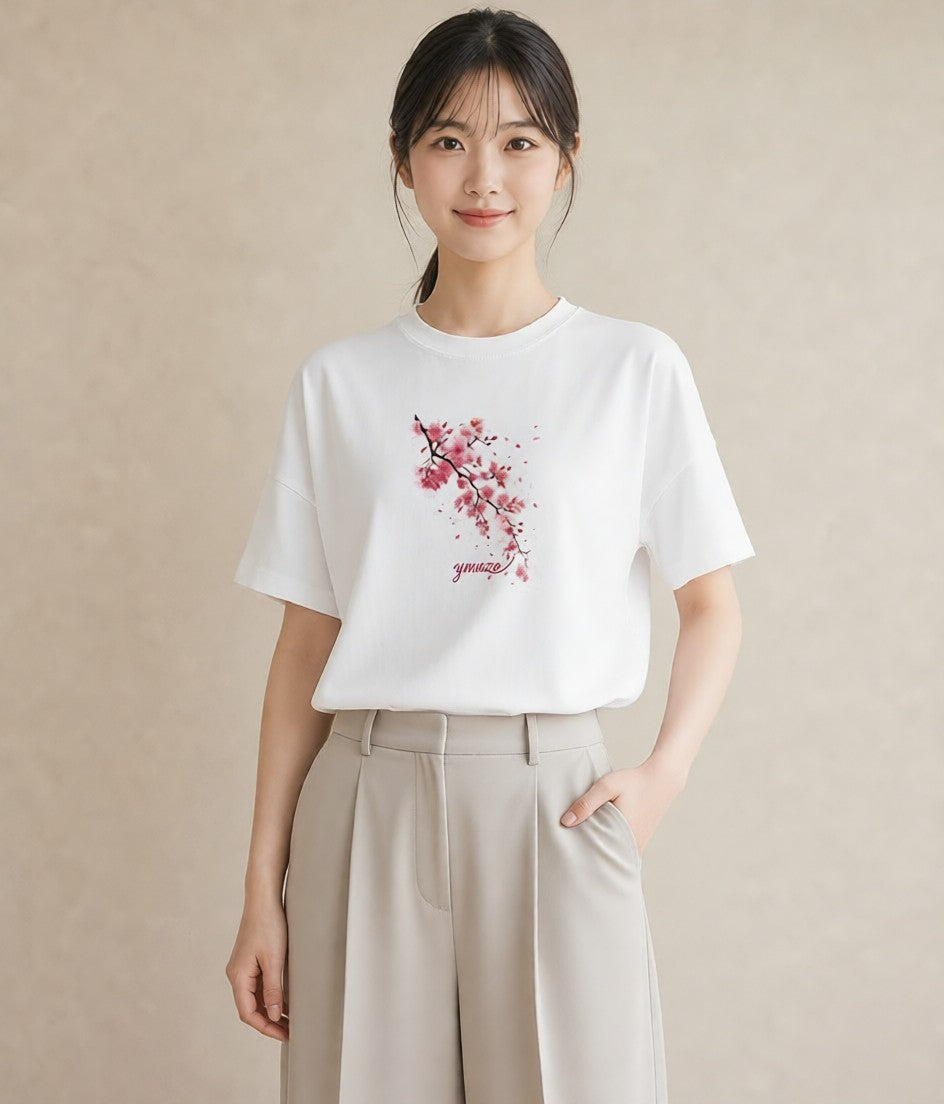 グラフィックTシャツ レディース さくら 桜 サクラ 花 花柄 イラスト カフェコーデ カジュアルコーデ 買い物 白T YMAZO