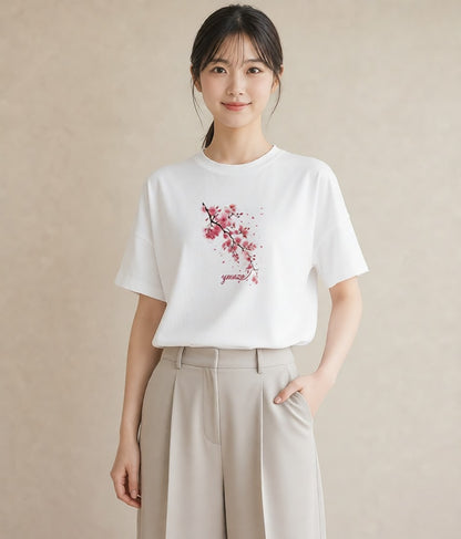 グラフィックTシャツ レディース さくら 桜 サクラ 花 花柄 イラスト カフェコーデ カジュアルコーデ 買い物 白T YMAZO