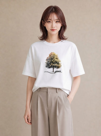 半袖Tシャツ レディース どんぐり 植物 ボタニカル イラスト モード 20代 カジュアルコーデ 白T YMAZO