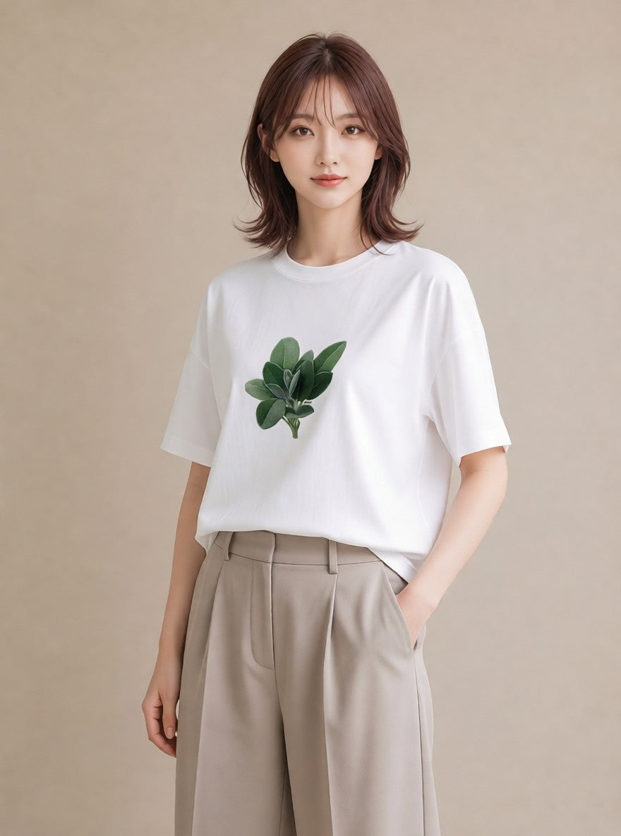 デザインTシャツ レディース ハーブ 植物 ボタニカル イラスト 水彩風 春服 ミセス 白T YMAZO