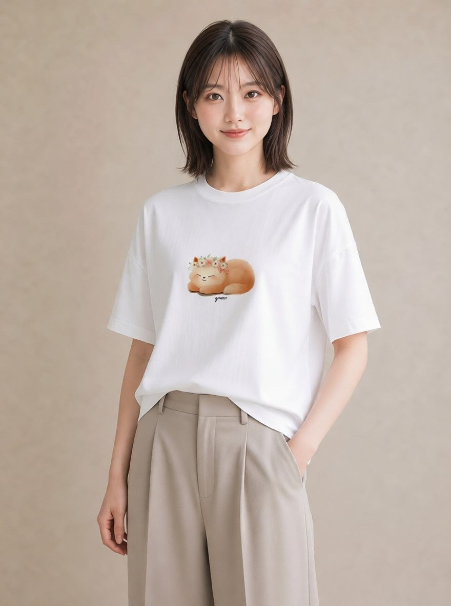 デザインTシャツ レディース ニャンコ 猫 ねこ イラスト ゆるかわ 秋コーデ おしゃれギフト 白T YMAZO