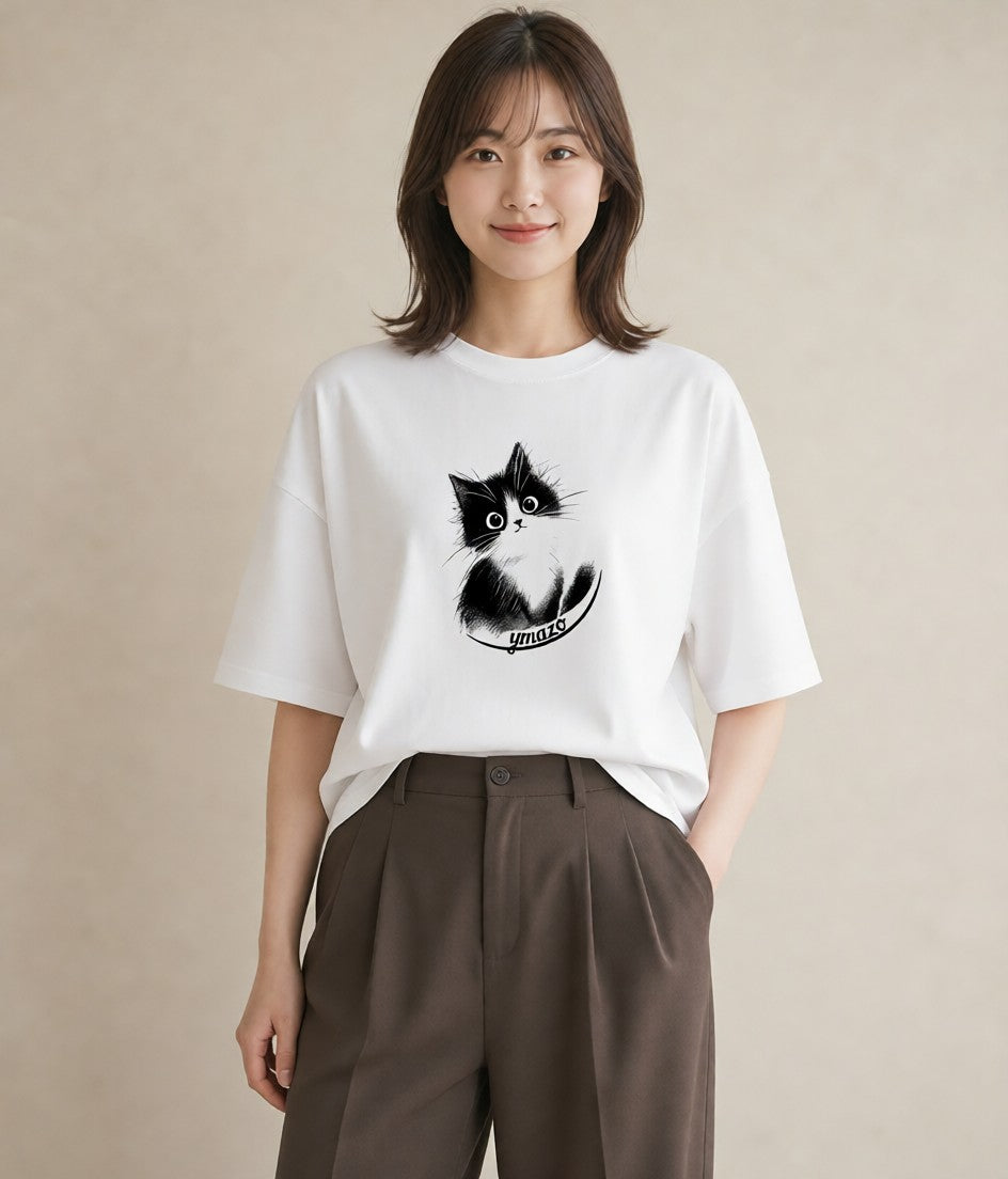 グラフィックTシャツ レディース 靴下猫 猫 ねこ イラスト ボタニカル お出かけ 普段着 白T YMAZO