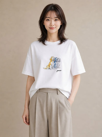 デザインTシャツ レディース キャバリア 犬 いぬ イラスト きれいめ ホワイトデー 春服 白T YMAZO