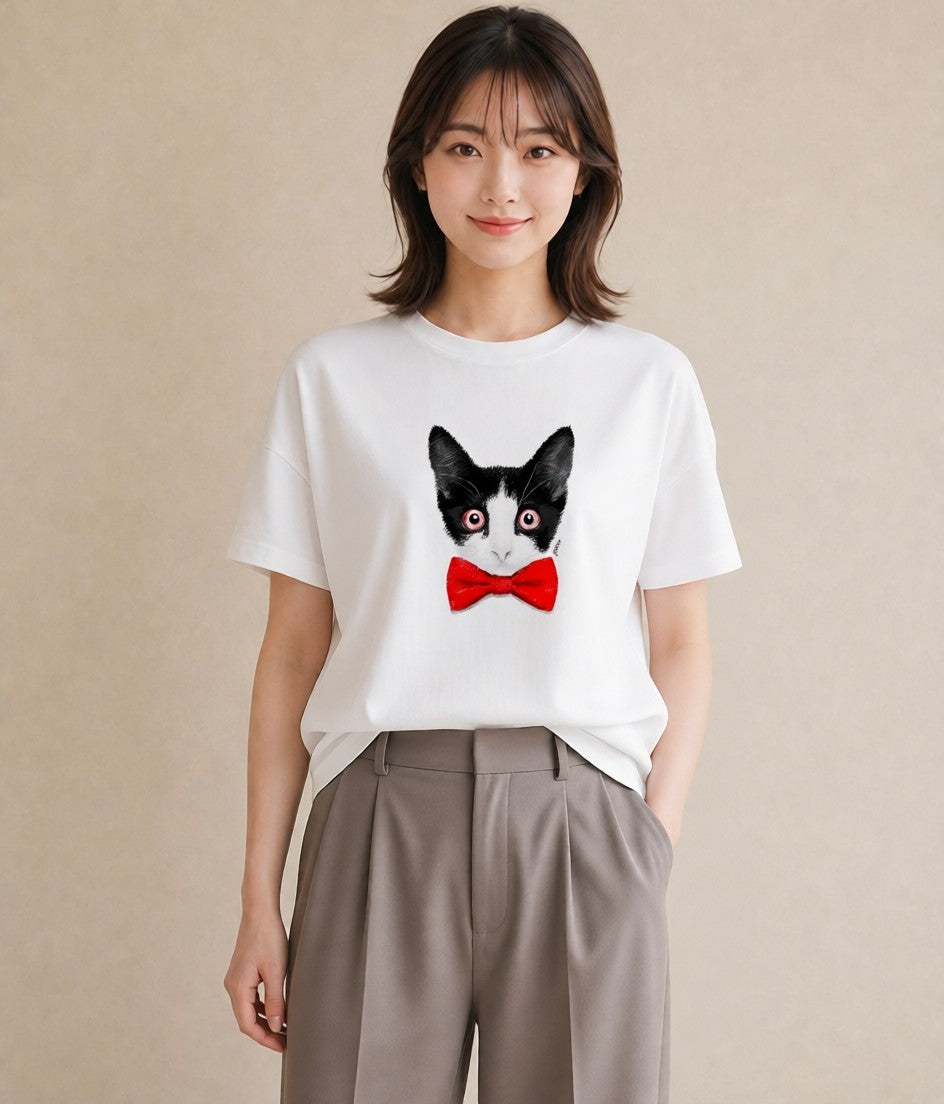 デザインTシャツ レディース ハチワレ 白黒猫 猫 ねこ イラスト シック 送別ギフト 通勤 白T YMAZO