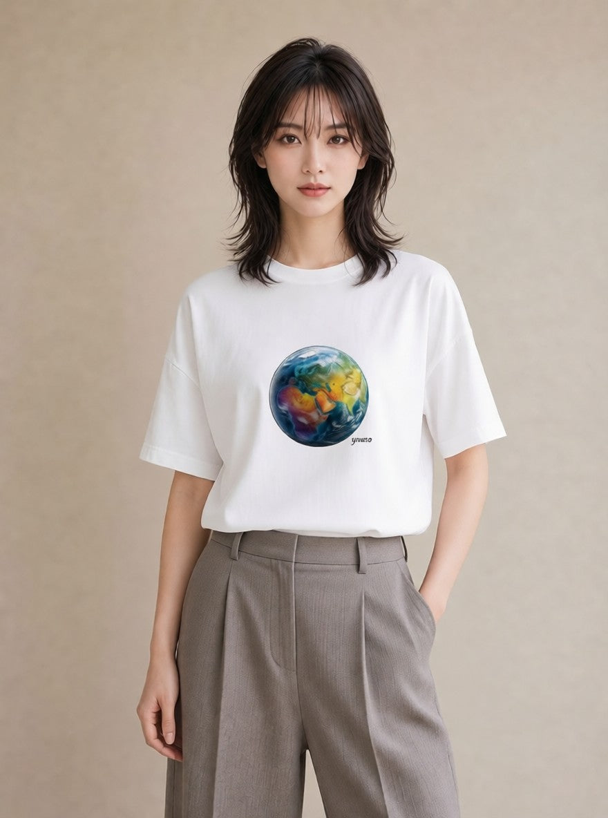 Tシャツ レディース 地球 星空 宇宙 イラスト ユニーク 週末コーデ 敬老の日 白T YMAZO