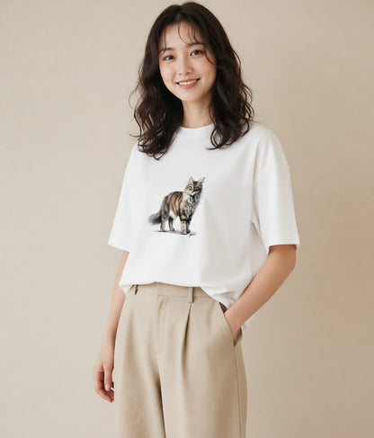 グラフィックTシャツ レディース メインクーン 猫 ねこ イラスト 秋コーデ おしゃれギフト 白T YMAZO