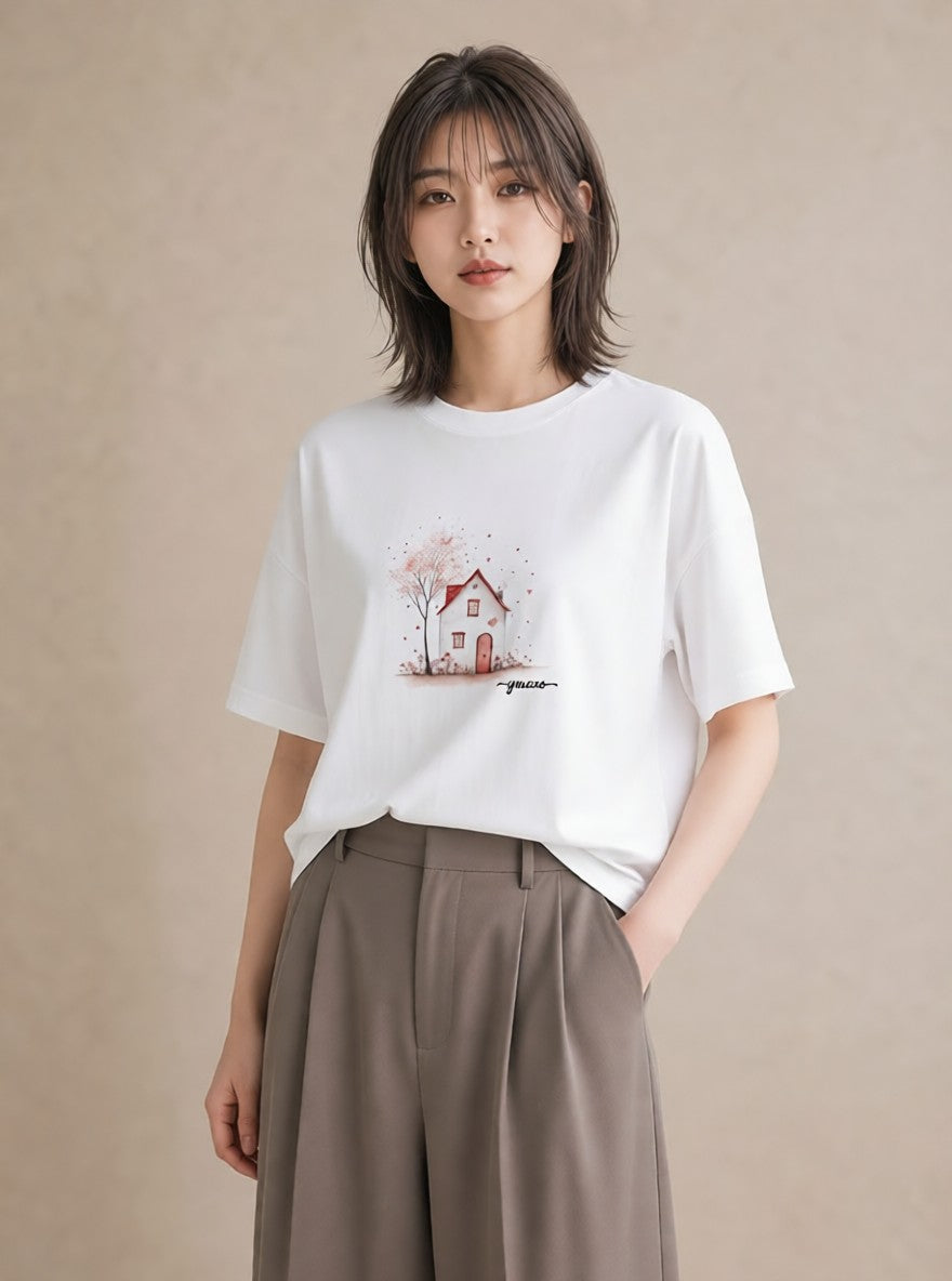 半袖Tシャツ レディース 遠い家と鳥 風景 鳥 ナチュラル アンティーク イラスト ヴィンテージ風 レイヤード 友達ギフト 白T YMAZO
