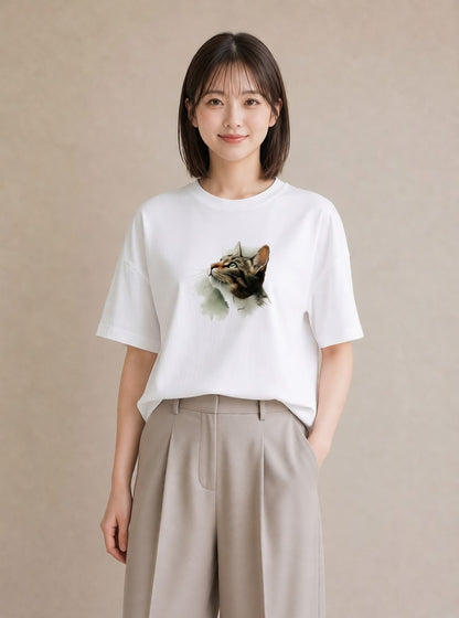 デザインTシャツ レディース 三毛猫 みけねこ 三毛 猫 ねこ イラスト カジュアル 公園 ママ 白T YMAZO
