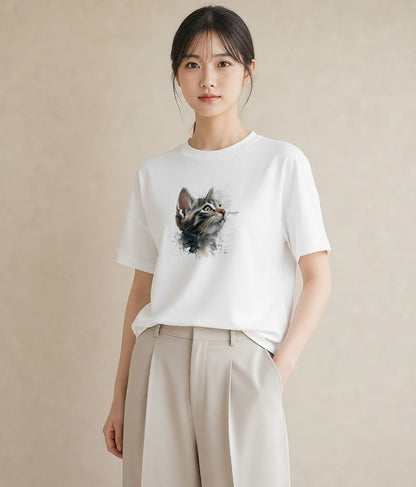 デザインTシャツ レディース アビシニアン 猫 ねこ イラスト フェミニン ホワイトデー 春服 白T YMAZO