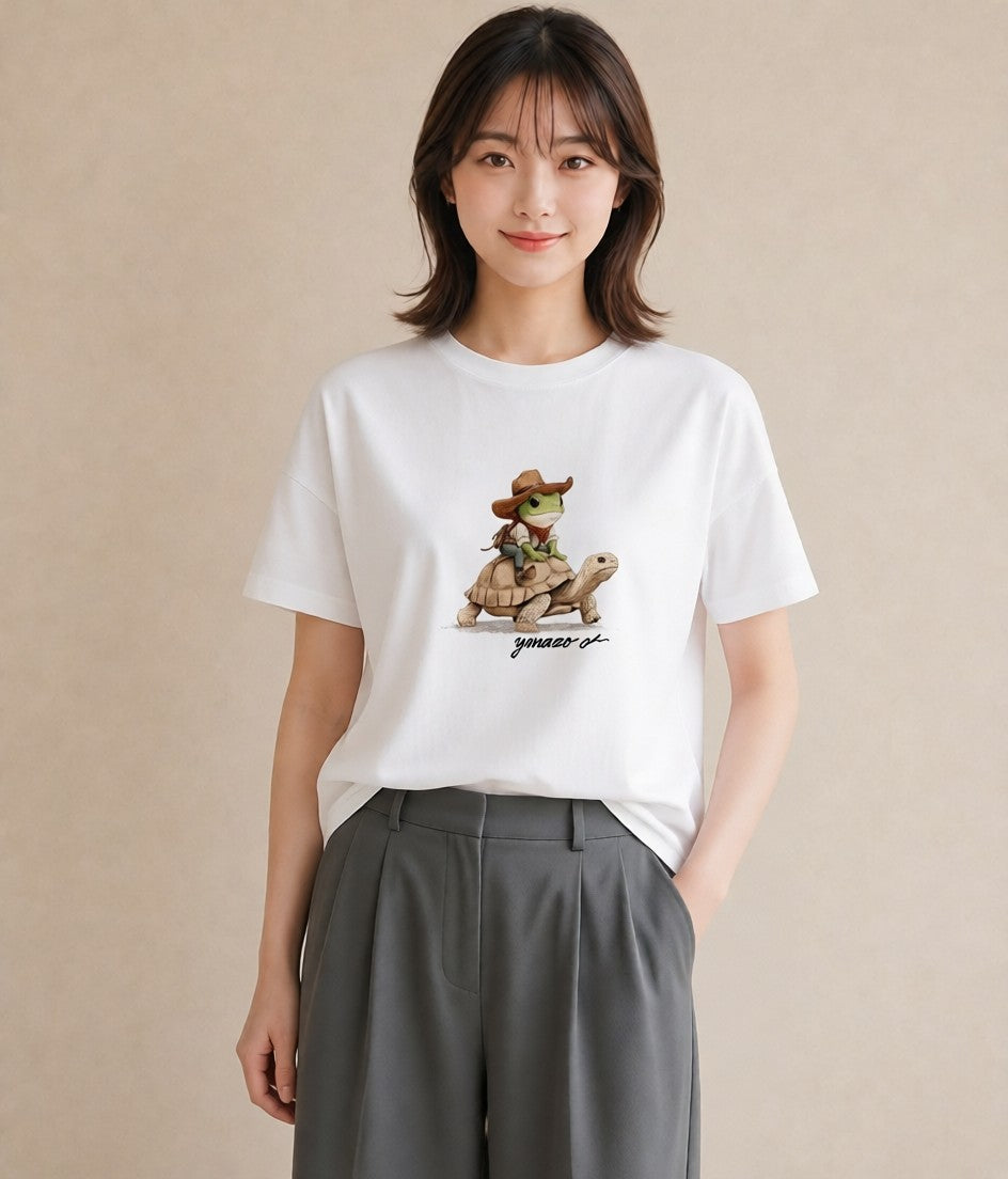 Tシャツ レディース ゼニガメ ペット 動物 イラスト フェミニン 夏コーデ 通学 白T YMAZO