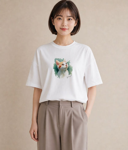 Tシャツ レディース ねこ 猫 ネコ イラスト ヴィンテージ風 誕生日プレゼント 綿100 白T YMAZO