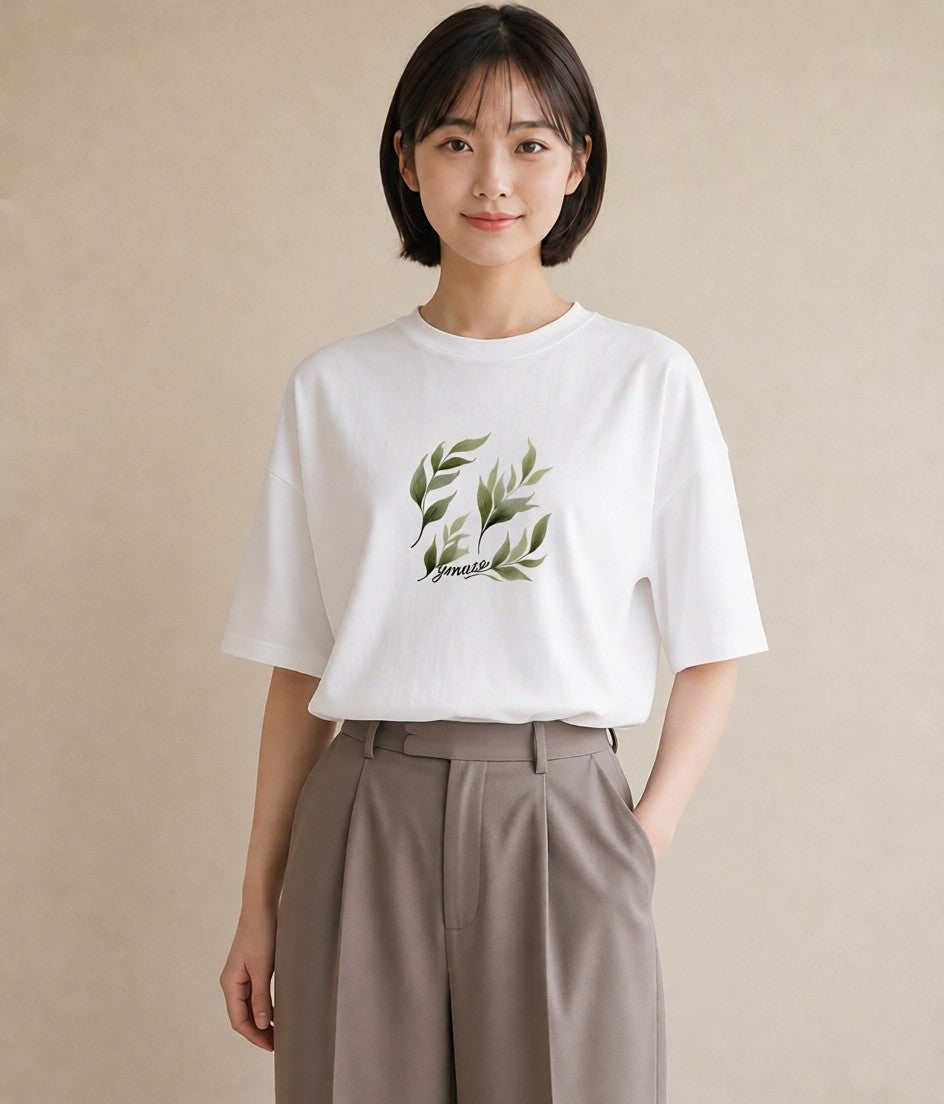 プリントTシャツ レディース シダ 植物 ボタニカル イラスト モード 春服 ミセス 白T YMAZO
