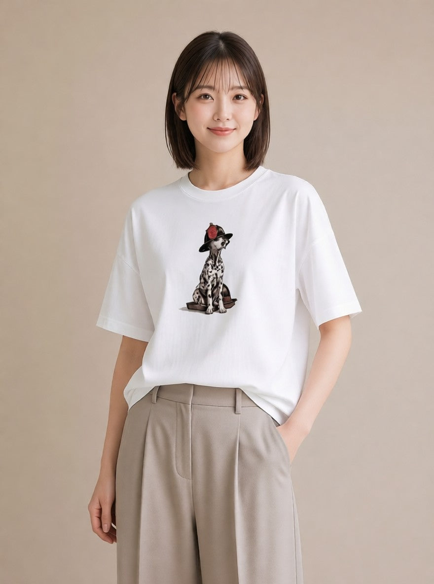 デザインTシャツ レディース ダルメシアン 犬 いぬ イラスト フェミニン 散歩 お出かけ 白T YMAZO