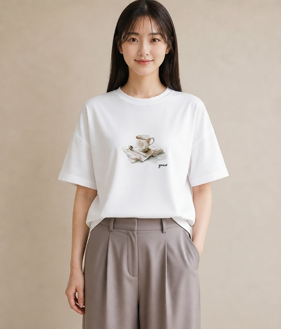 半袖Tシャツ レディース エスプレッソ 食べ物 フード イラスト 淡色 カジュアルコーデ 買い物 白T YMAZO
