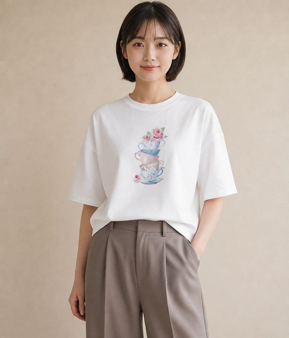 プリントTシャツ レディース ハーブティー 食べ物 フード イラスト ニュアンス 休日 ペアコーデ 白T YMAZO