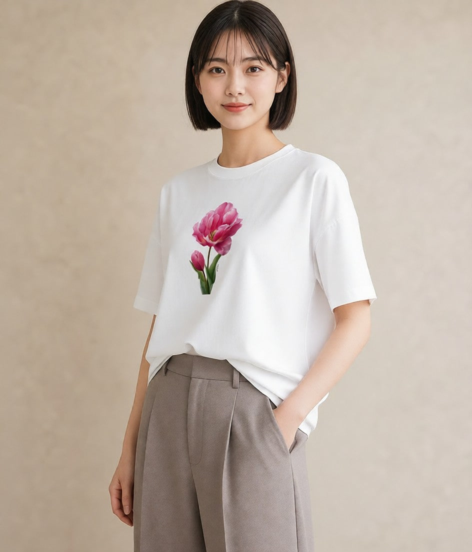 デザインTシャツ レディース チューリップ 花 花柄 イラスト 水彩風 カフェ服 クリスマス 白T YMAZO