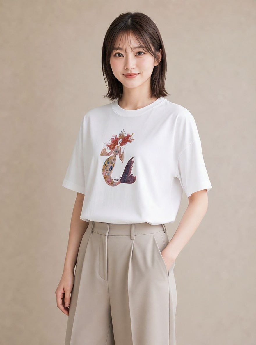 Tシャツ レディース 人魚 海の生き物 海 イラスト シンプル ミセス 春コーデ 白T YMAZO