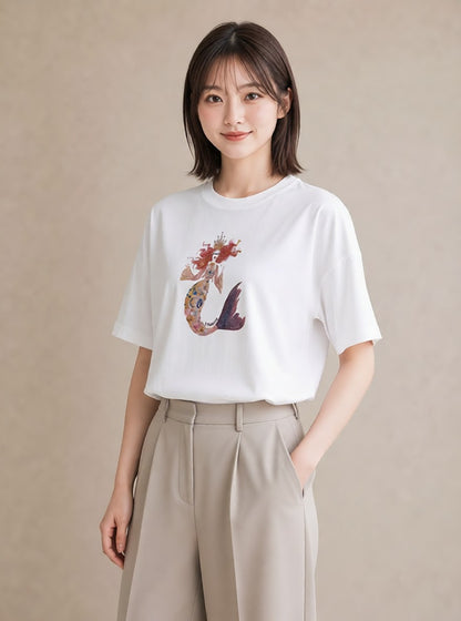 Tシャツ レディース 人魚 海の生き物 海 イラスト シンプル ミセス 春コーデ 白T YMAZO