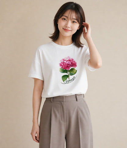 プリントTシャツ レディース あじさい 紫陽花 アジサイ 花 花柄 イラスト モード カジュアルコーデ 買い物 白T