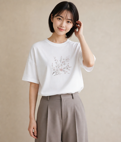 半袖Tシャツ レディース 梅 花 花柄 イラスト 普段着 週末コーデ 白T YMAZO