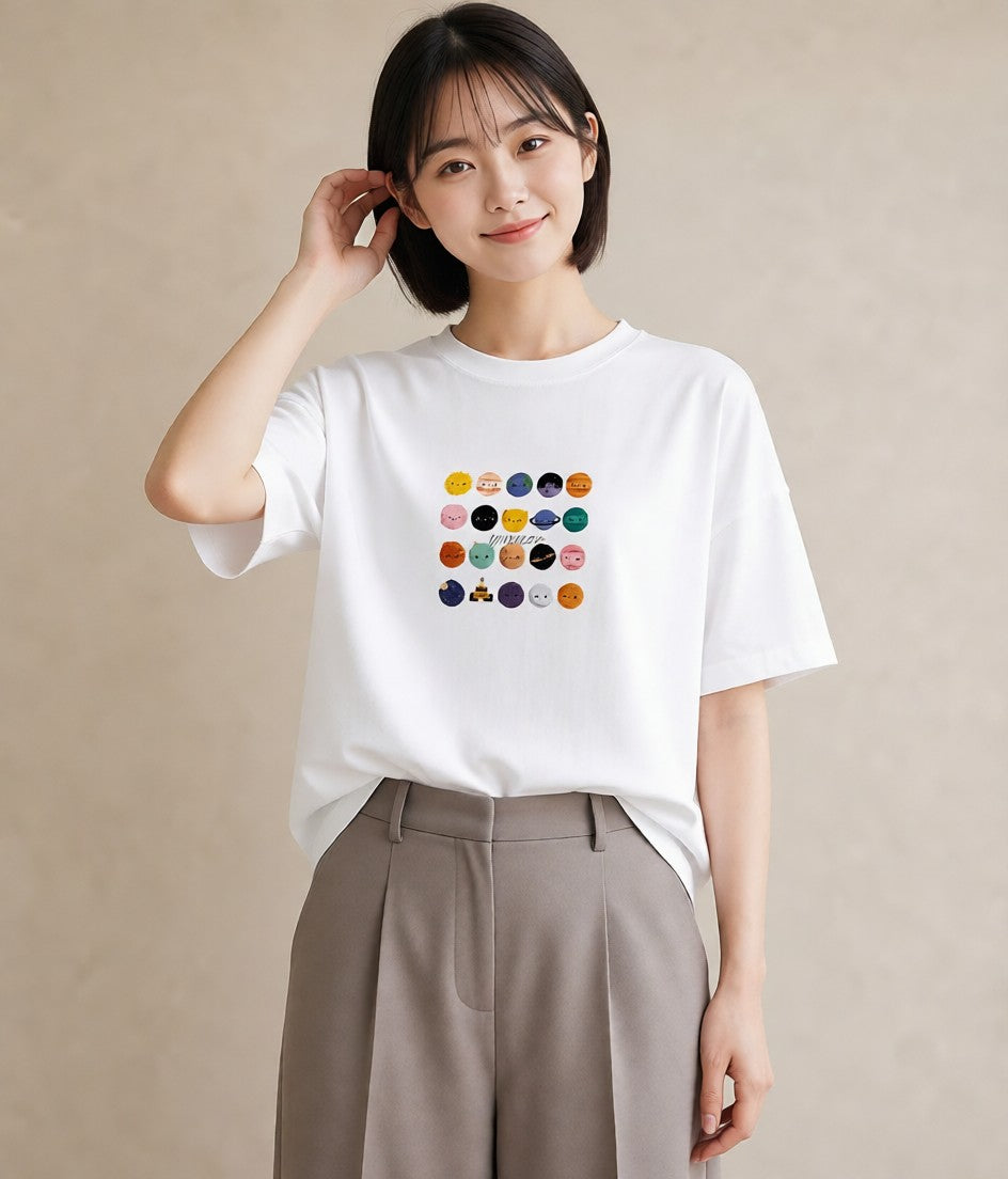 デザインTシャツ レディース 宇宙 星空 イラスト ゆるコーデ クリスマス 旅行 白T YMAZO