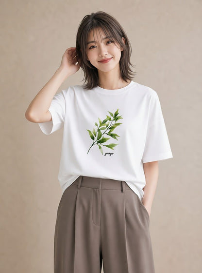 半袖Tシャツ レディース ハーブ 植物 ボタニカル イラスト 抜け感 部屋着 女性向けギフト 白T YMAZO