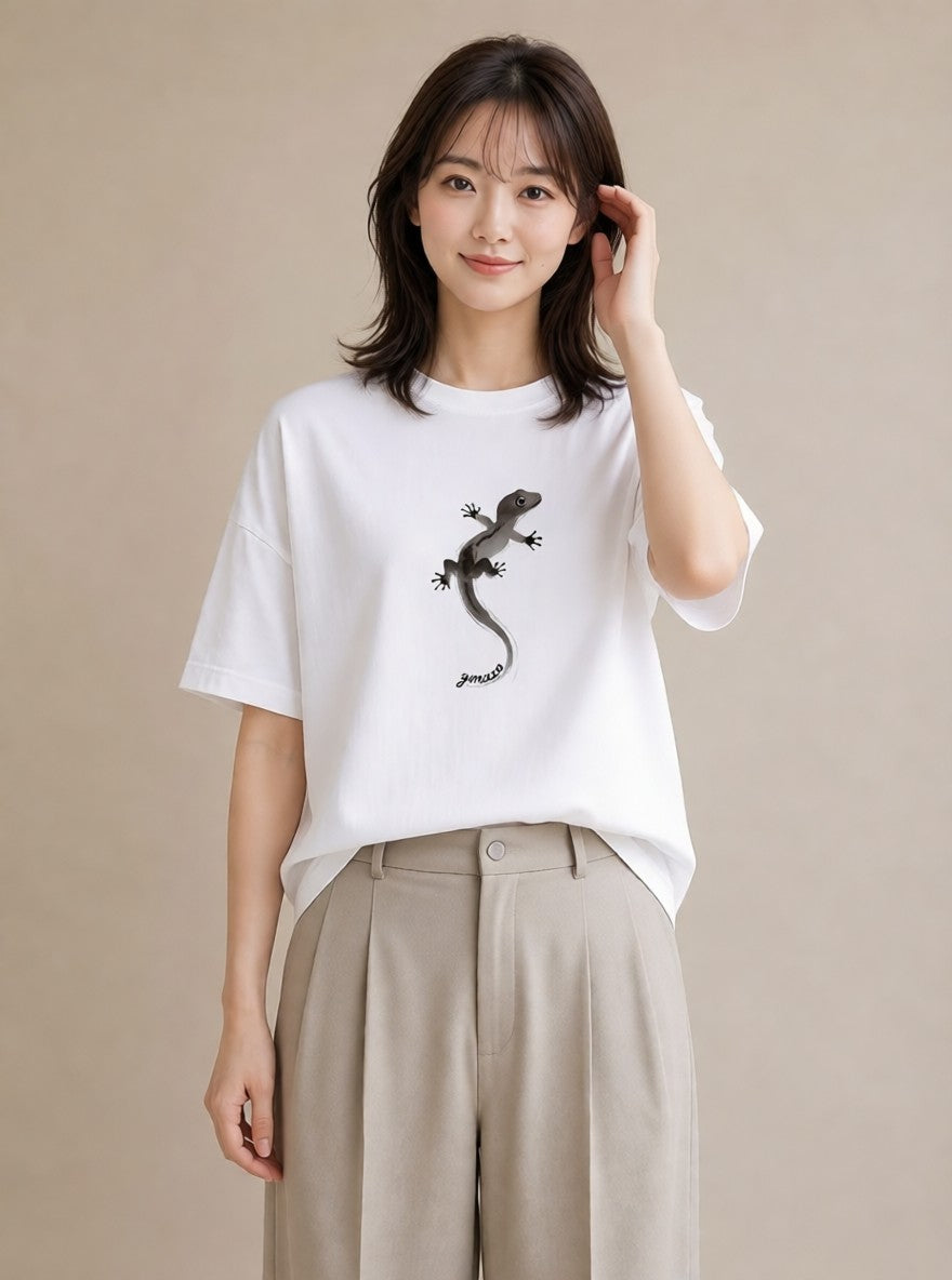 グラフィックTシャツ レディース ヤモリ ペット 動物 イラスト ラフ レイヤード 白T YMAZO