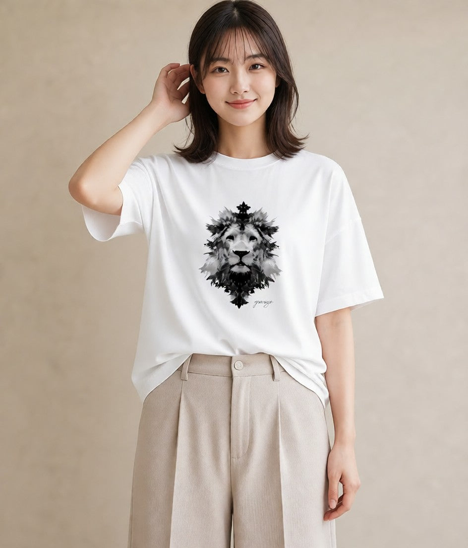 半袖Tシャツ レディース ライオン 動物 アニマル イラスト お揃い 親子 白T YMAZO