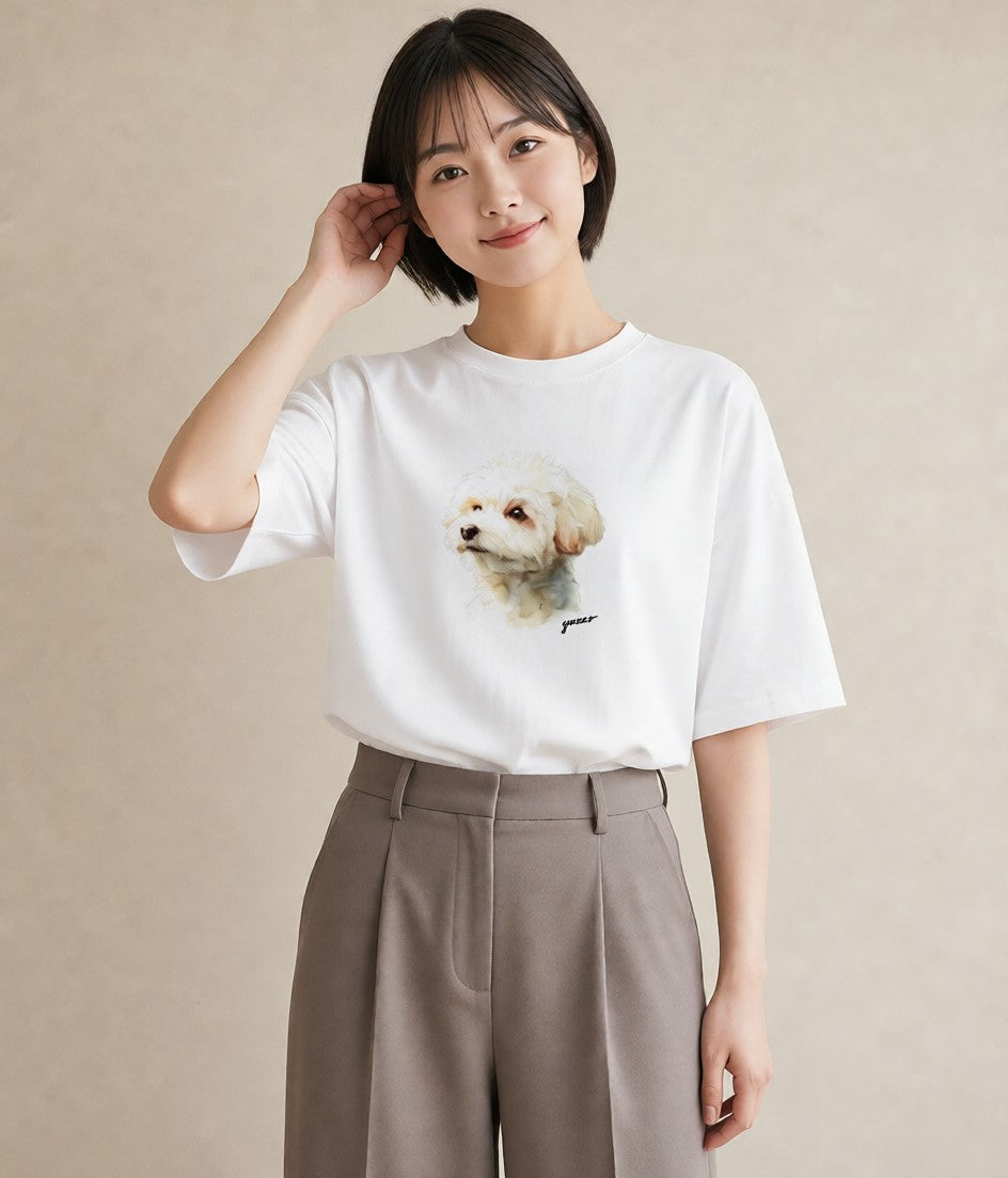 Tシャツ レディース 愛犬 犬 いぬ イラスト カフェコーデ 通学 誕生日プレゼント 白T YMAZO